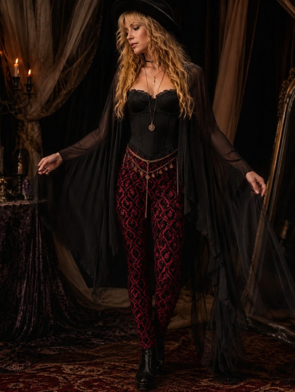 Intro Love The Fit Leggings M Red/Black Damask Pattern Velvet Whimsigoth Witchy